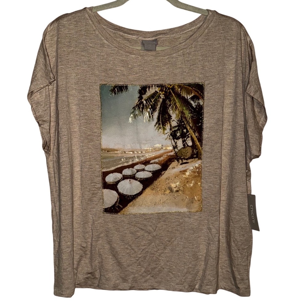 Chico's Beach Scene Graphic Tee Tan Neutral Knit Top Womens  Chico 3 XL US16 NEW - Picture 2 of 7